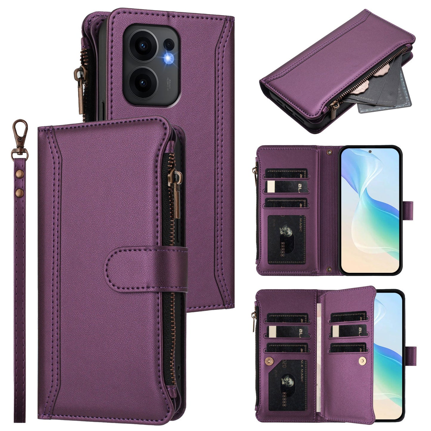 For Oppo Reno13 F 5G Leather Case 9 Card Slots Zipper Wallet Stand Phone Cover with Wrist Strap - Purple