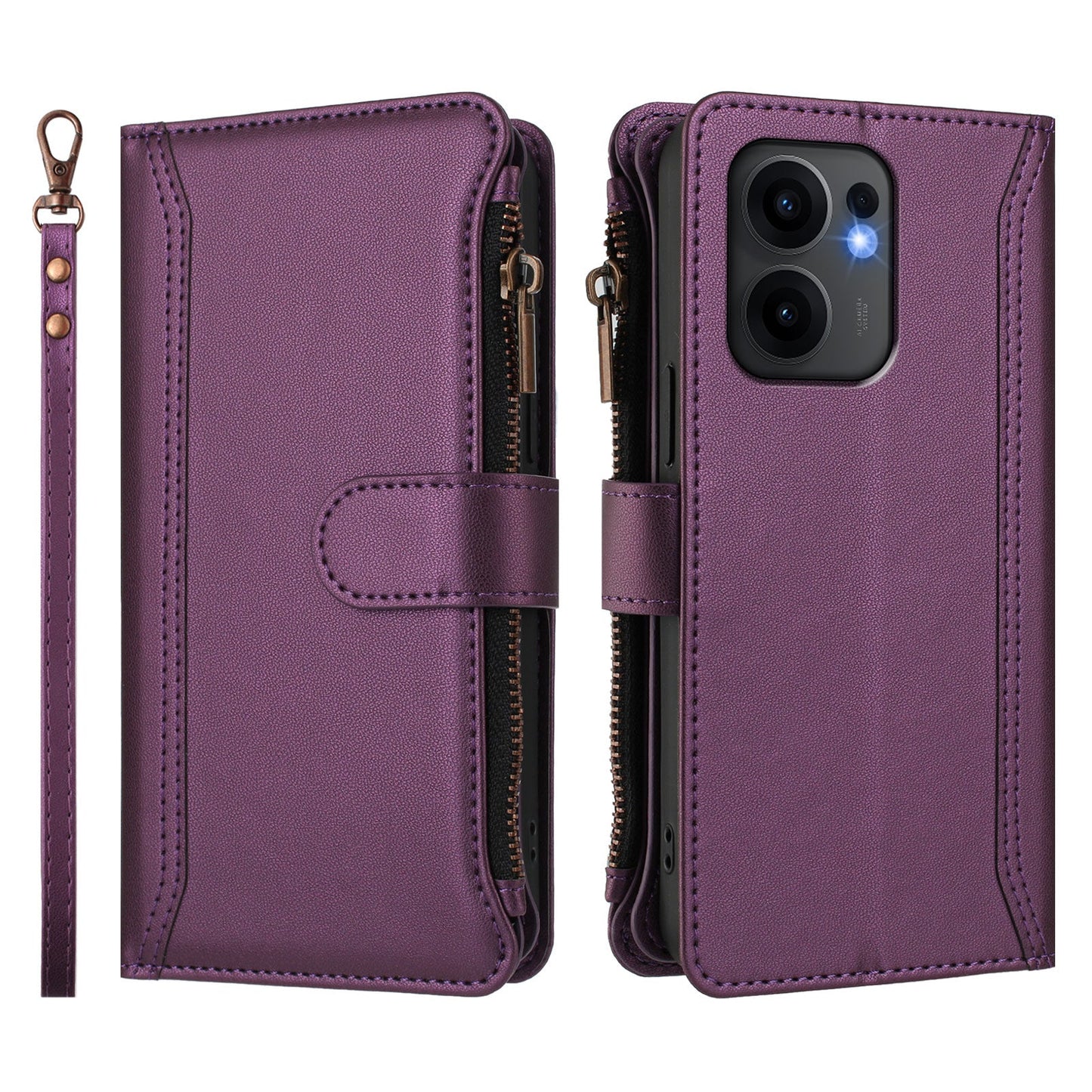 For Oppo Reno13 F 5G Leather Case 9 Card Slots Zipper Wallet Stand Phone Cover with Wrist Strap - Purple