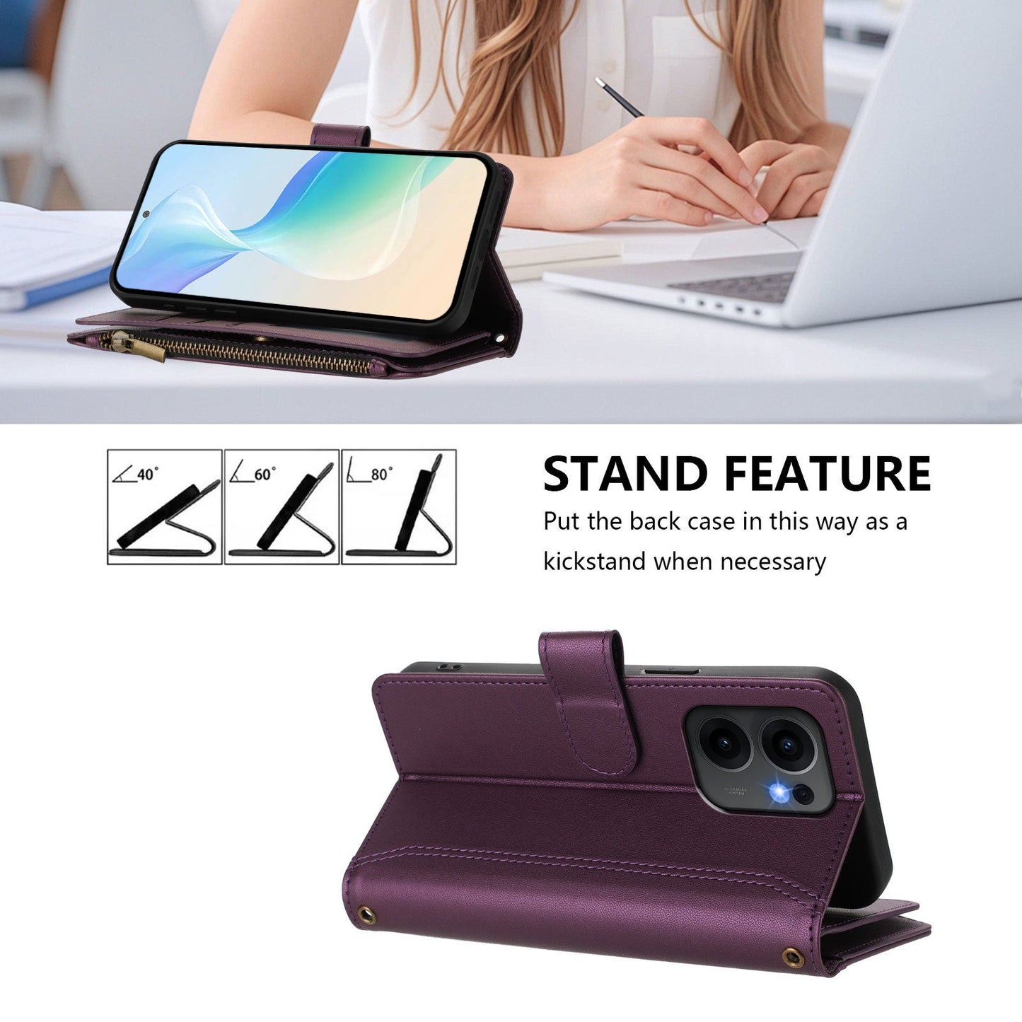 For Oppo Reno13 F 5G Leather Case 9 Card Slots Zipper Wallet Stand Phone Cover with Wrist Strap - Purple