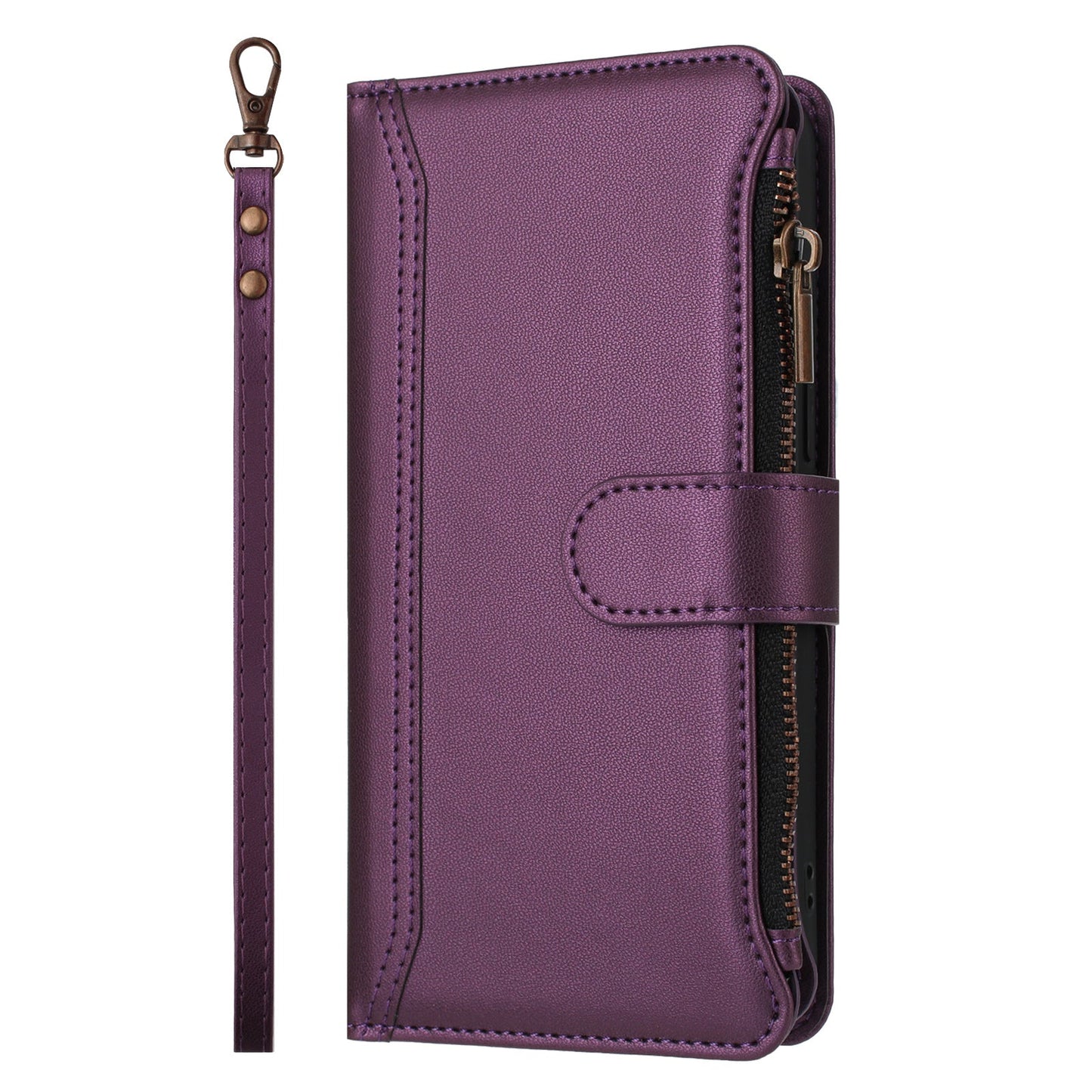For Oppo Reno13 F 5G Leather Case 9 Card Slots Zipper Wallet Stand Phone Cover with Wrist Strap - Purple