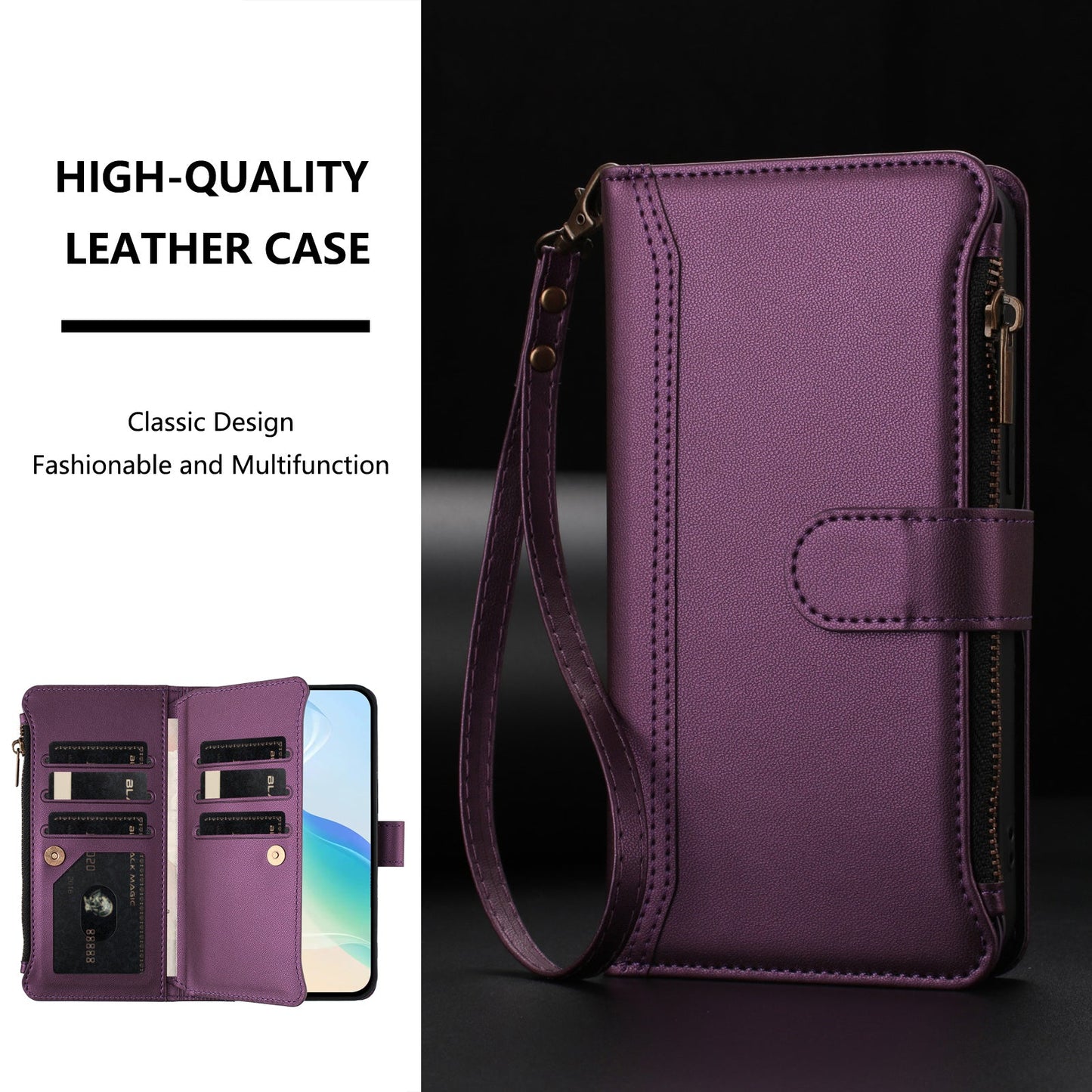 For Oppo Reno13 F 5G Leather Case 9 Card Slots Zipper Wallet Stand Phone Cover with Wrist Strap - Purple