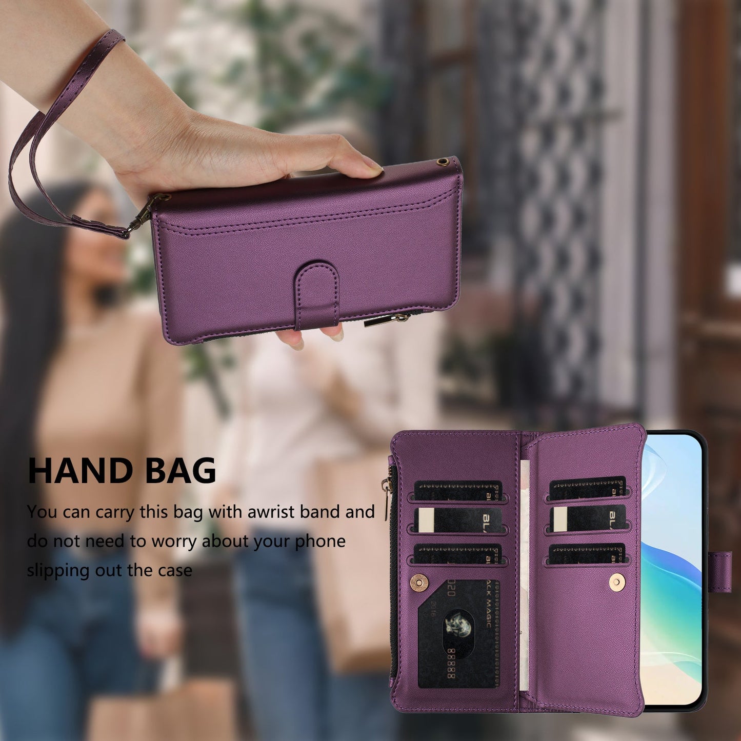 For Oppo Reno13 F 5G Leather Case 9 Card Slots Zipper Wallet Stand Phone Cover with Wrist Strap - Purple