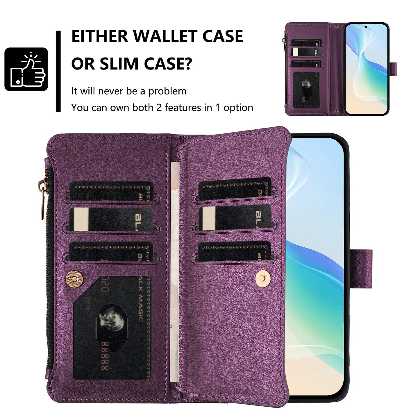 For Oppo Reno13 F 5G Leather Case 9 Card Slots Zipper Wallet Stand Phone Cover with Wrist Strap - Purple