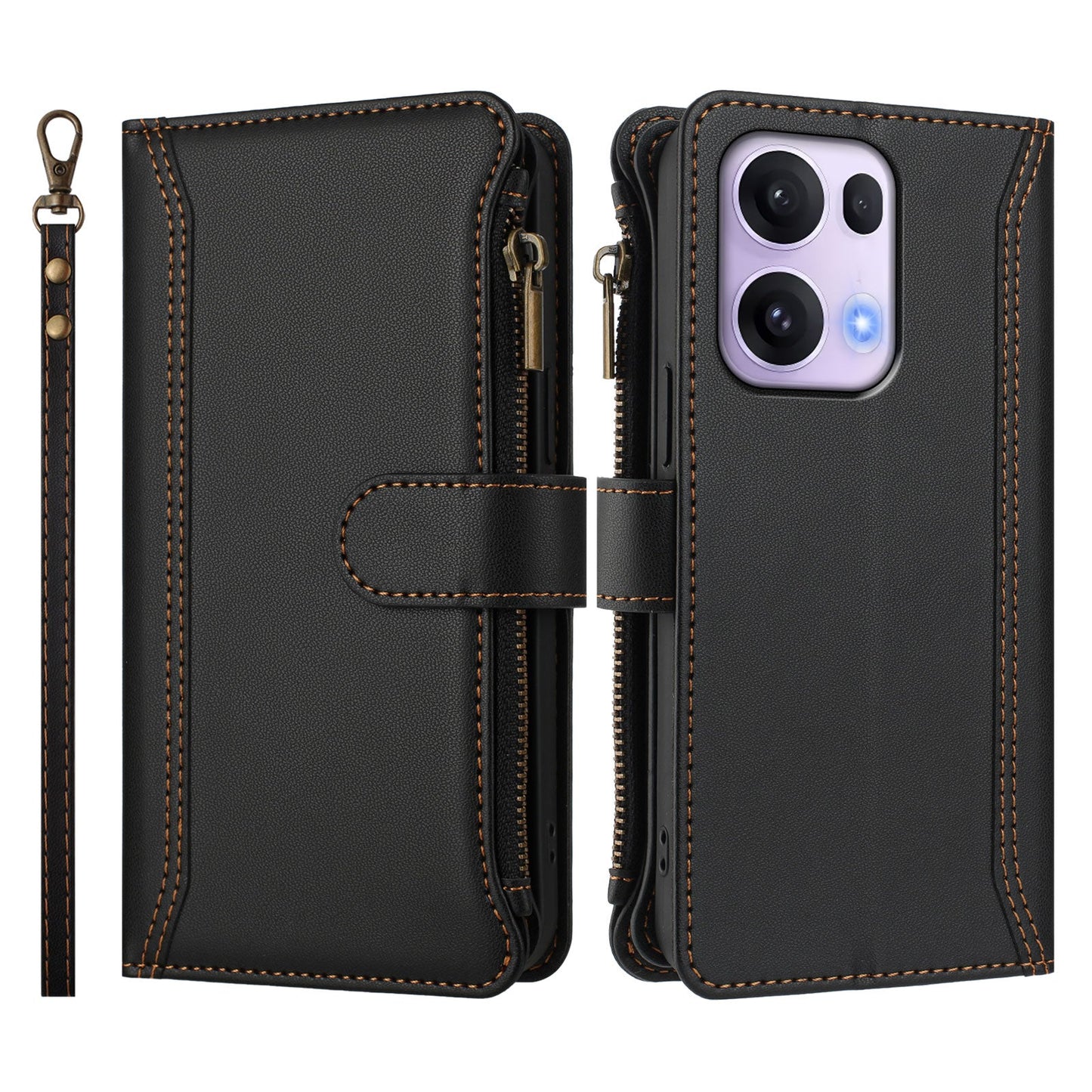 For Oppo Reno13 Pro 5G Leather Case 9 Card Slots Zipper Wallet Stand Phone Cover with Wrist Strap - Black