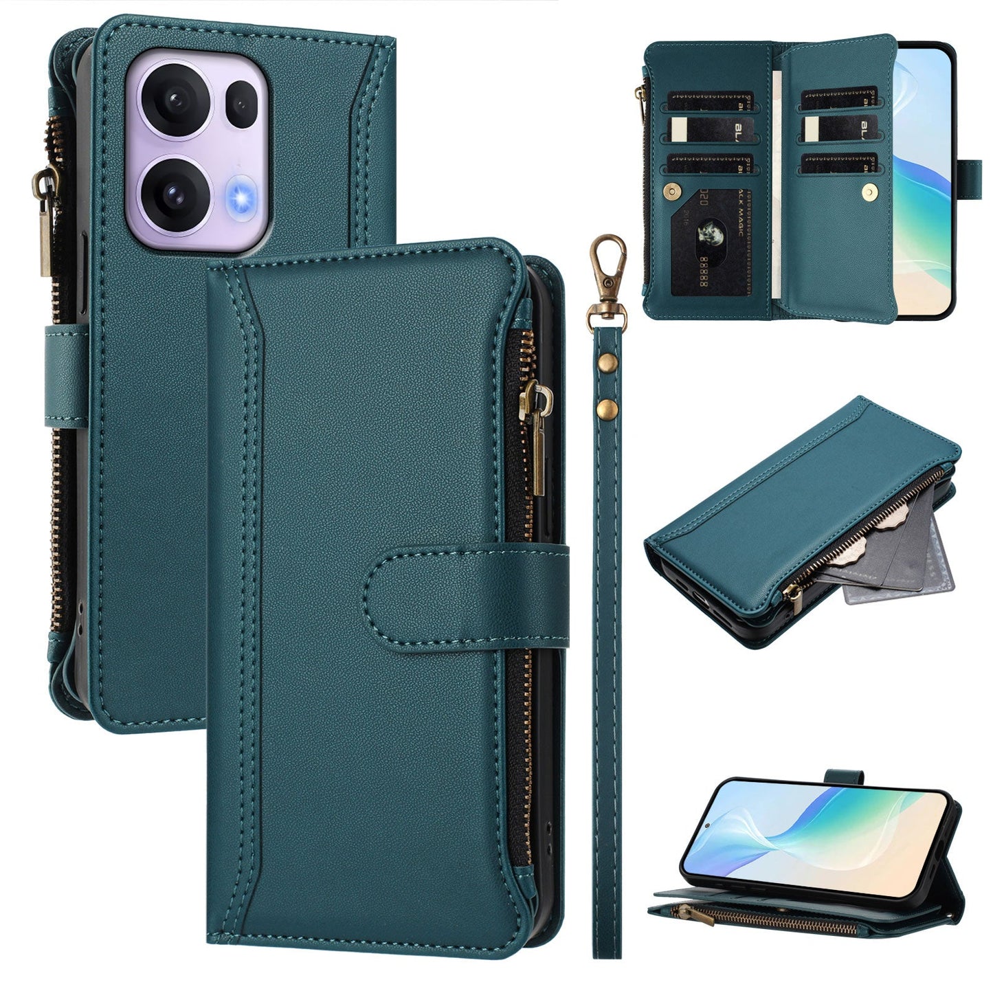 For Oppo Reno13 Pro 5G Leather Case 9 Card Slots Zipper Wallet Stand Phone Cover with Wrist Strap - Dark Green