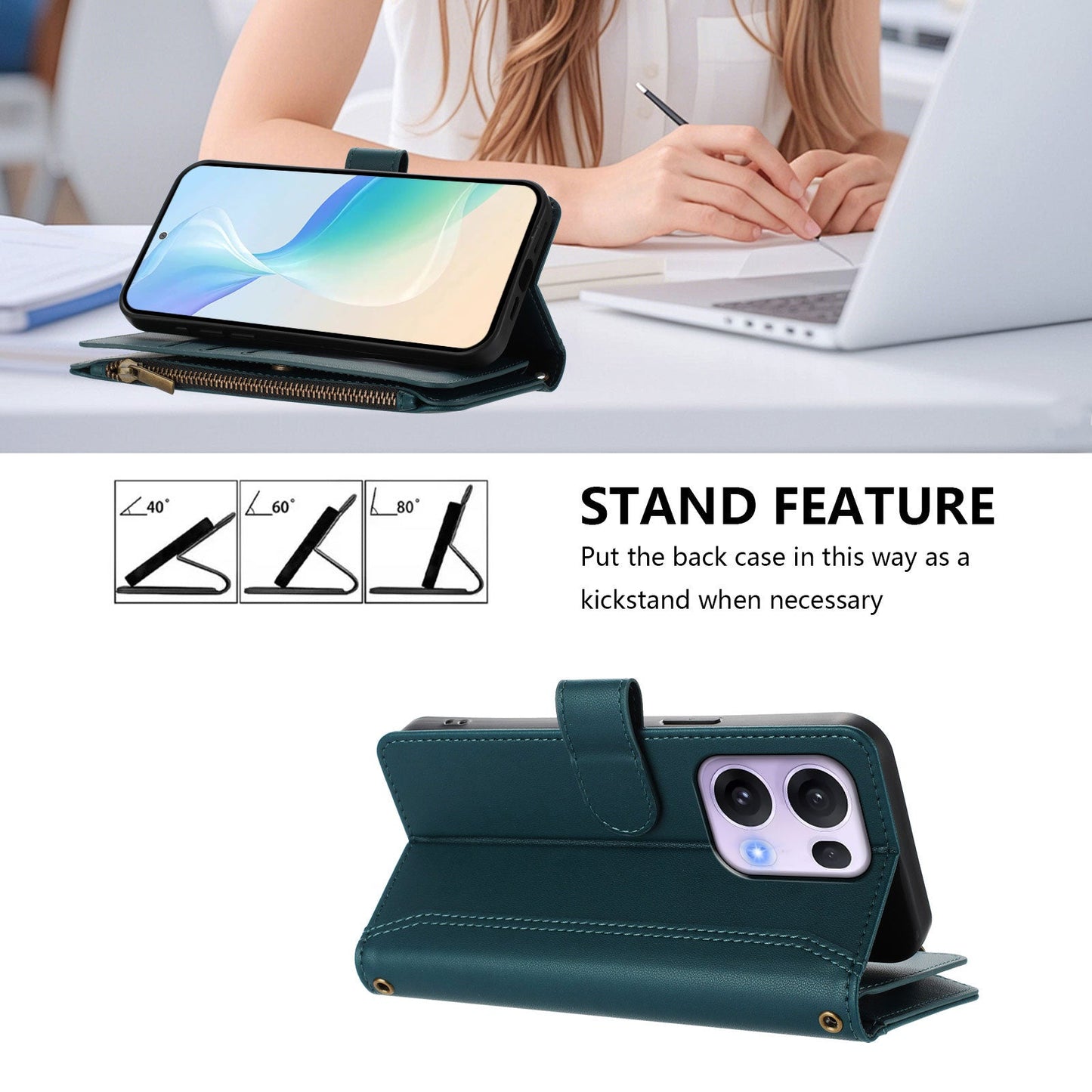 For Oppo Reno13 Pro 5G Leather Case 9 Card Slots Zipper Wallet Stand Phone Cover with Wrist Strap - Dark Green
