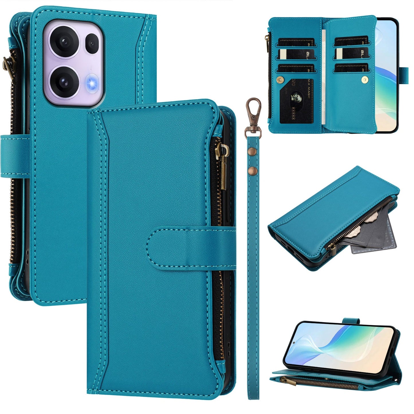 For Oppo Reno13 Pro 5G Leather Case 9 Card Slots Zipper Wallet Stand Phone Cover with Wrist Strap - Lake Blue