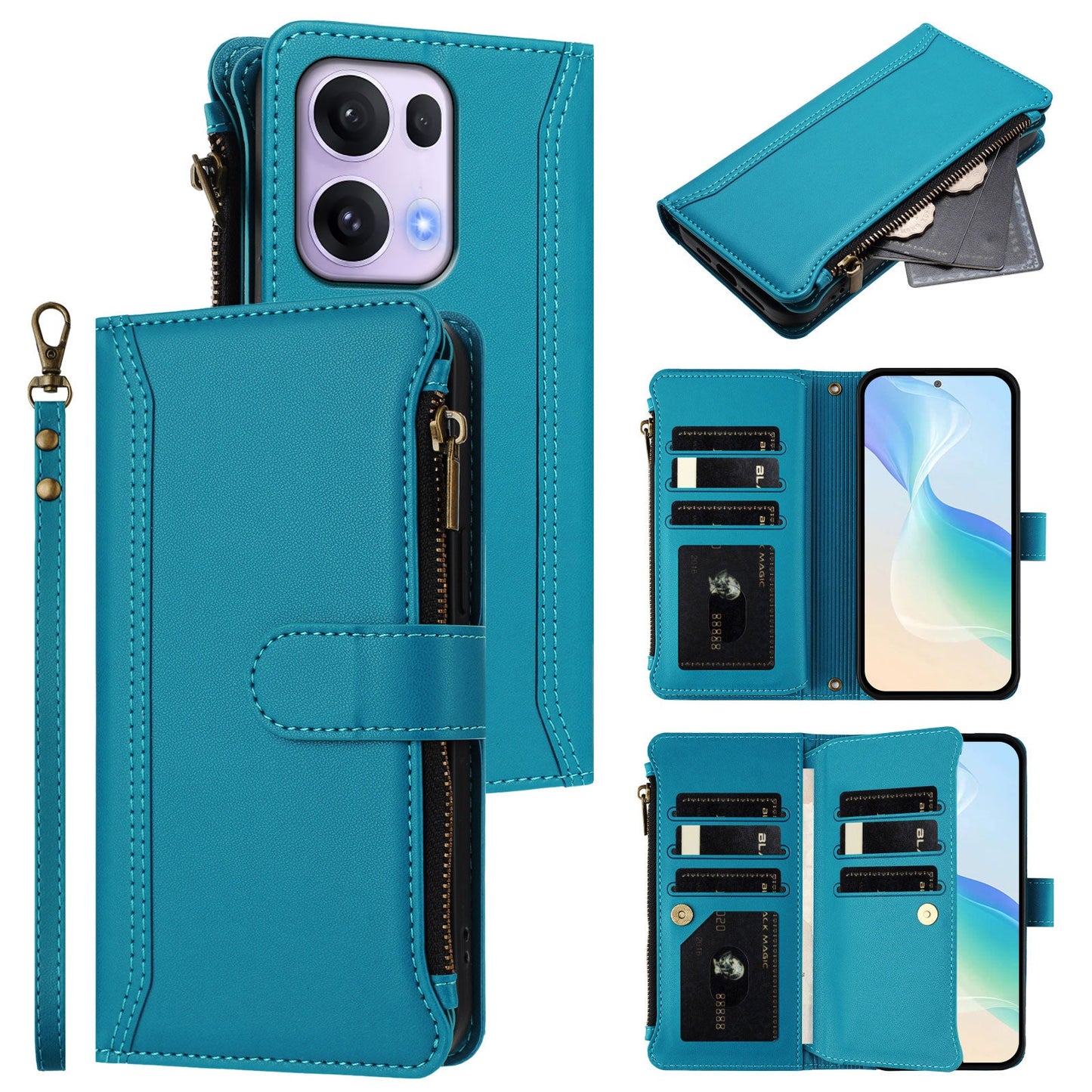 For Oppo Reno13 Pro 5G Leather Case 9 Card Slots Zipper Wallet Stand Phone Cover with Wrist Strap - Lake Blue