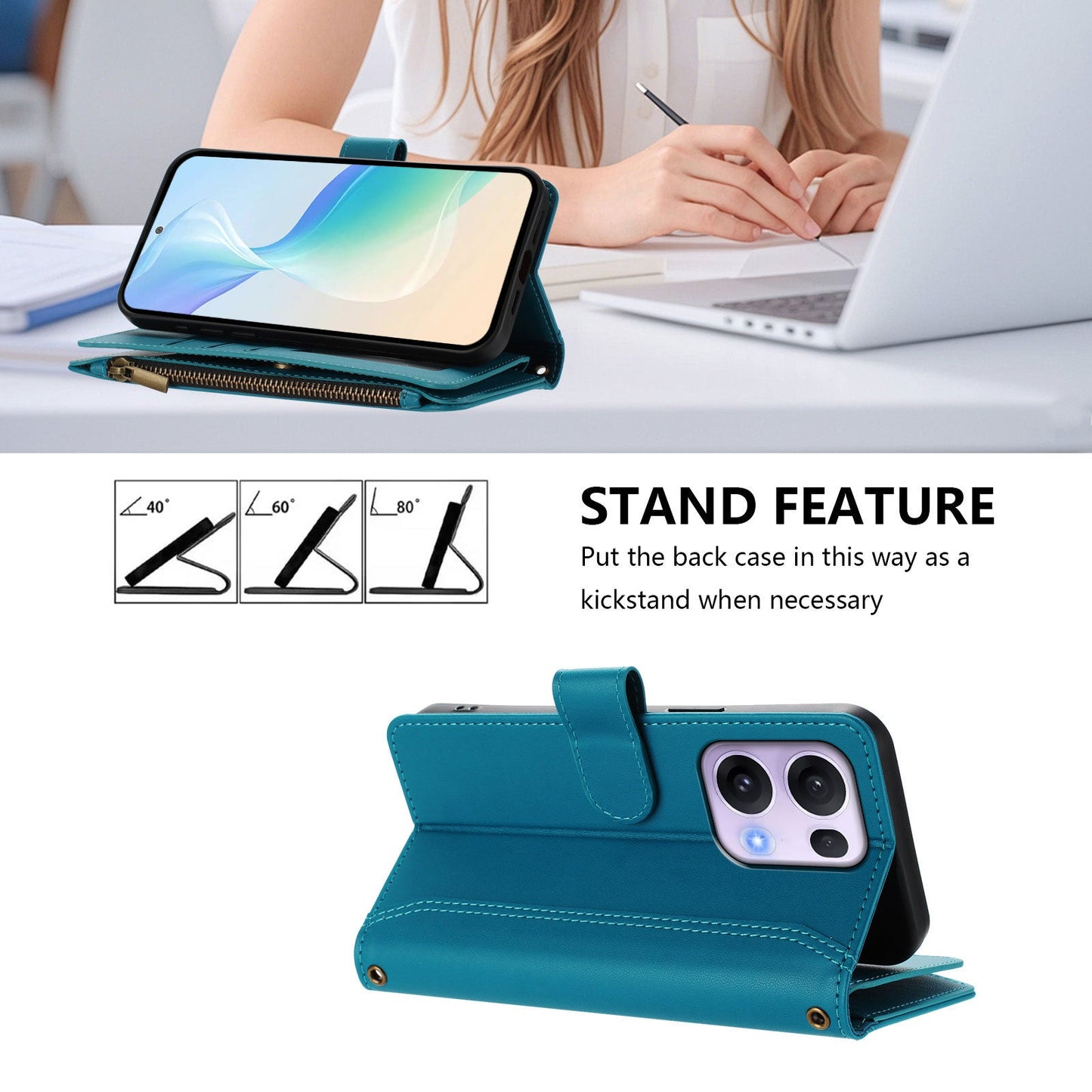 For Oppo Reno13 Pro 5G Leather Case 9 Card Slots Zipper Wallet Stand Phone Cover with Wrist Strap - Lake Blue