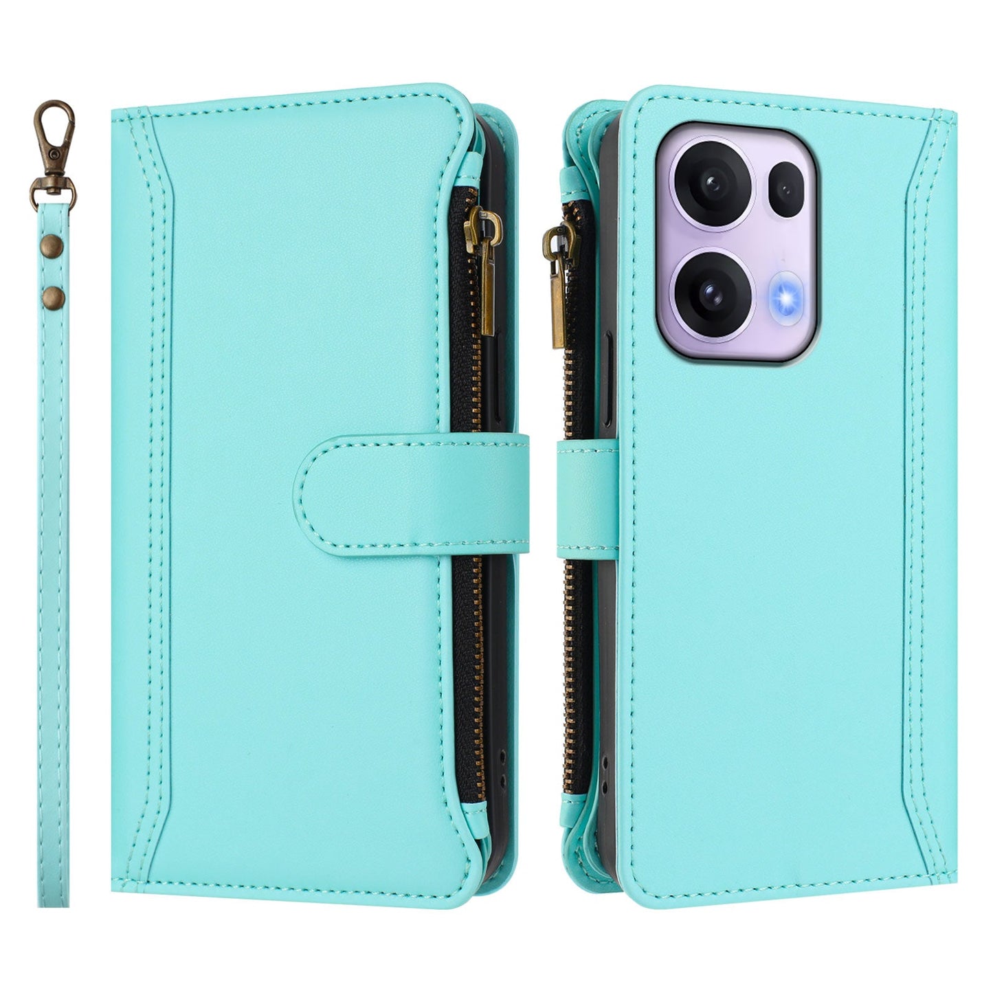 For Oppo Reno13 Pro 5G Leather Case 9 Card Slots Zipper Wallet Stand Phone Cover with Wrist Strap - Mint Green
