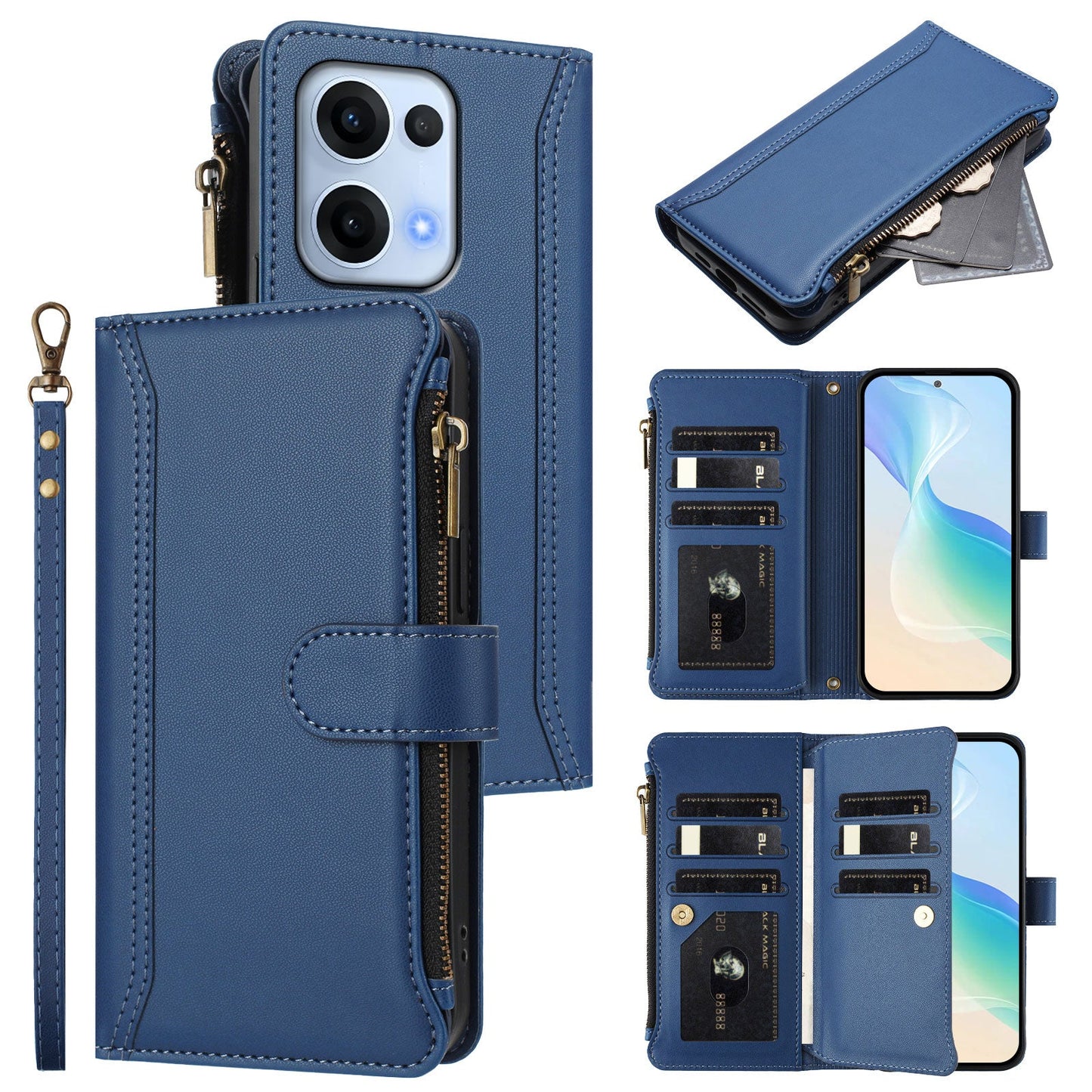 For Oppo Reno13 5G (Global) Leather Case 9 Card Slots Zipper Wallet Stand Phone Cover with Wrist Strap - Dark Blue