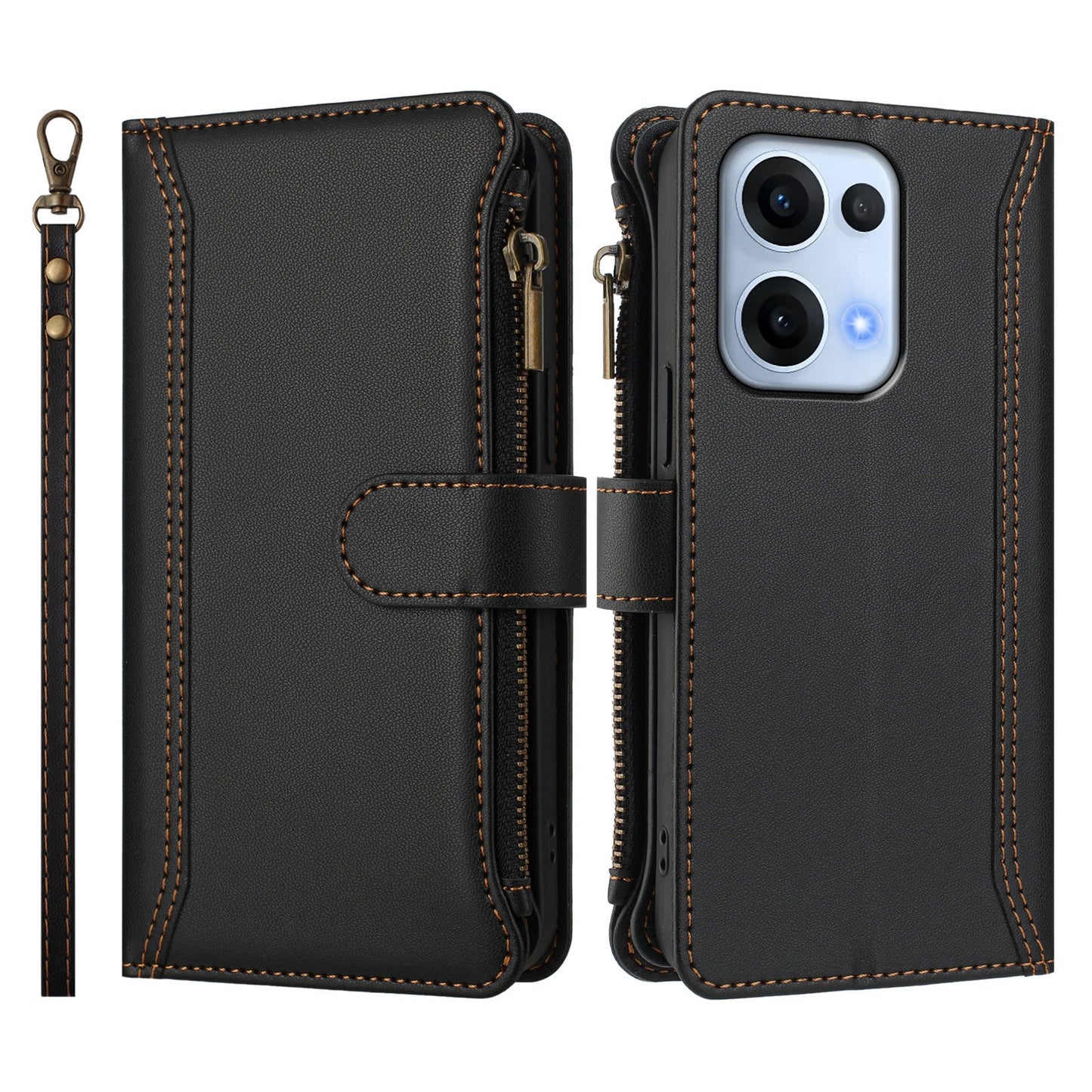 For Oppo Reno13 5G (Global) Leather Case 9 Card Slots Zipper Wallet Stand Phone Cover with Wrist Strap - Black