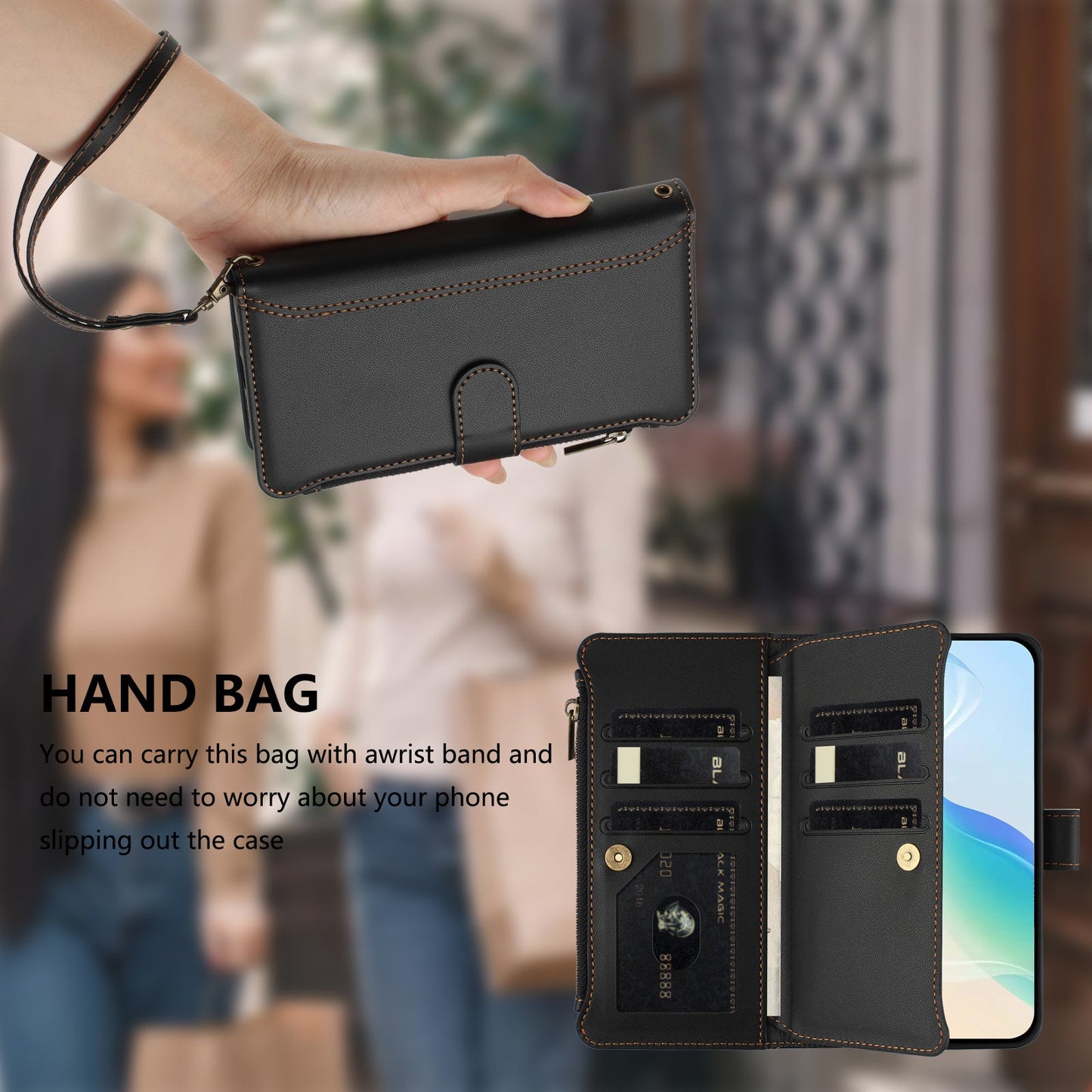 For Oppo Reno13 5G (Global) Leather Case 9 Card Slots Zipper Wallet Stand Phone Cover with Wrist Strap - Black