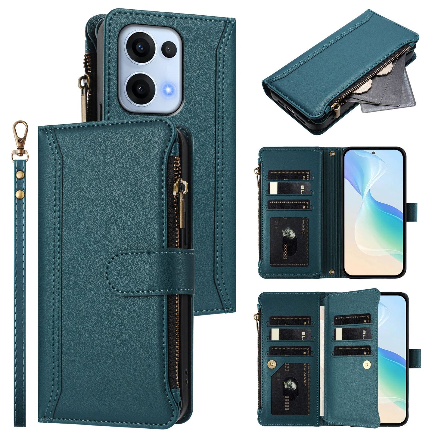 For Oppo Reno13 5G (Global) Leather Case 9 Card Slots Zipper Wallet Stand Phone Cover with Wrist Strap - Dark Green