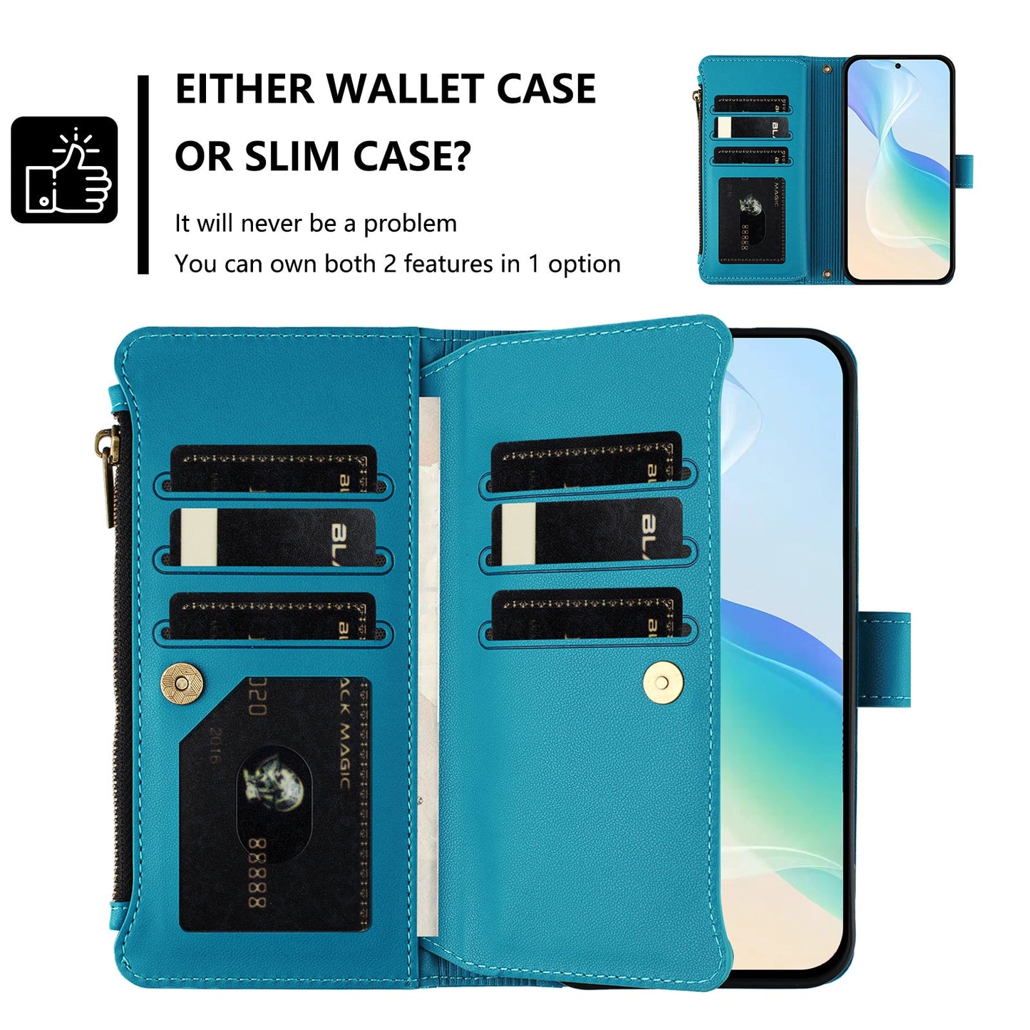 For Oppo Reno13 5G (Global) Leather Case 9 Card Slots Zipper Wallet Stand Phone Cover with Wrist Strap - Lake Blue