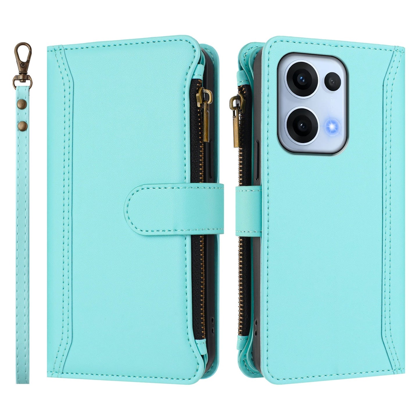 For Oppo Reno13 5G (Global) Leather Case 9 Card Slots Zipper Wallet Stand Phone Cover with Wrist Strap - Mint Green