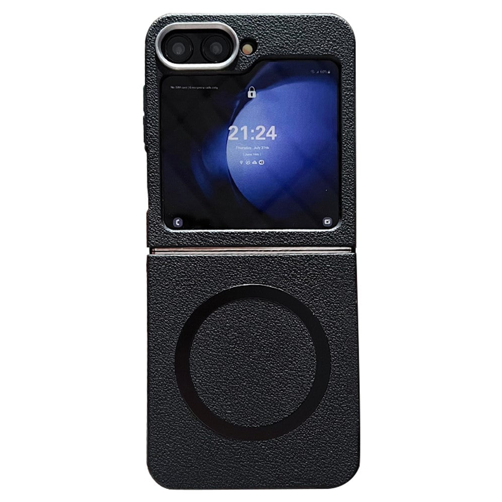 For Samsung Galaxy Z Flip7 FE 5G / Z Flip6 5G Phone Cases Leather Texture TPU Back Cover Support Wireless Charging - Black