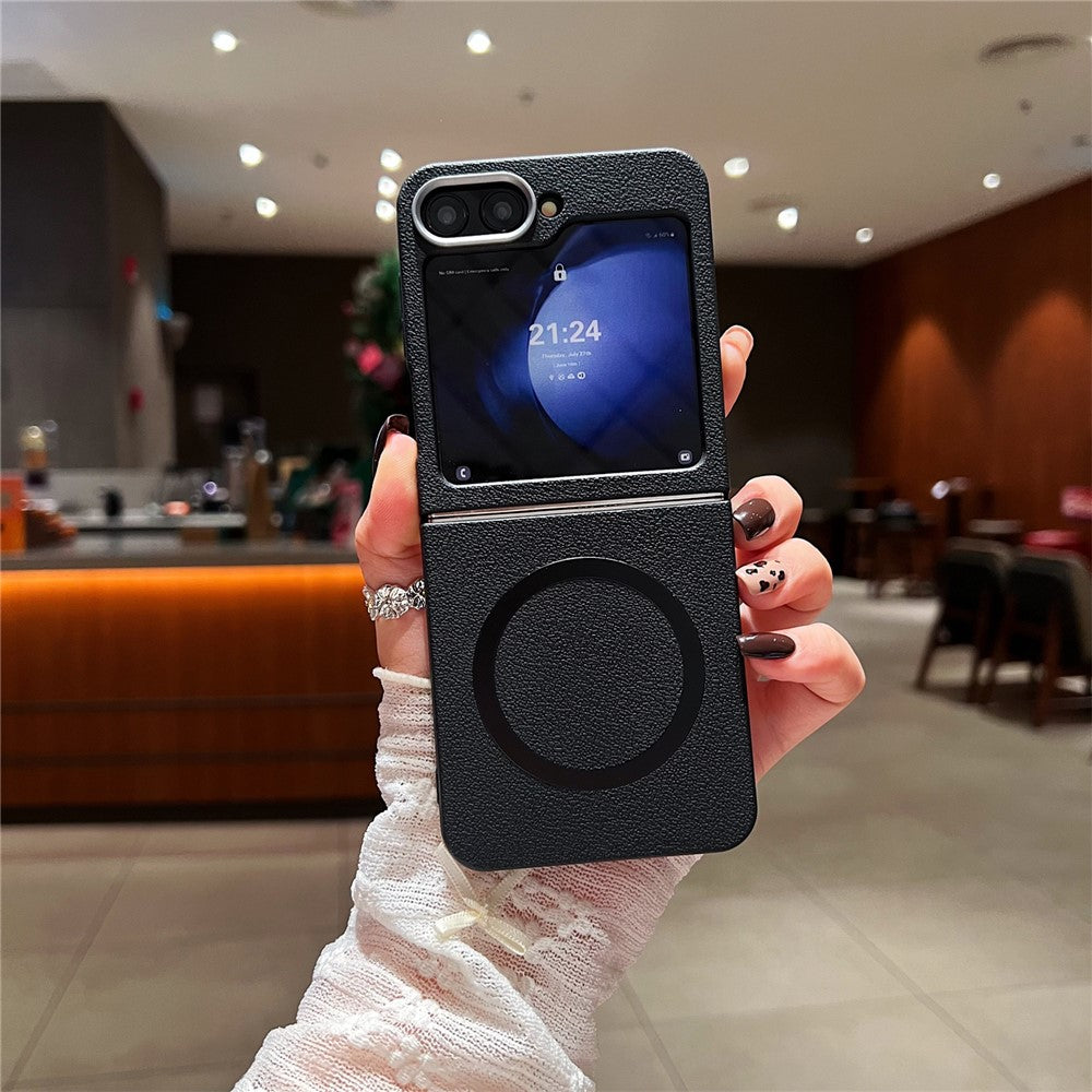 For Samsung Galaxy Z Flip7 FE 5G / Z Flip6 5G Phone Cases Leather Texture TPU Back Cover Support Wireless Charging - Black