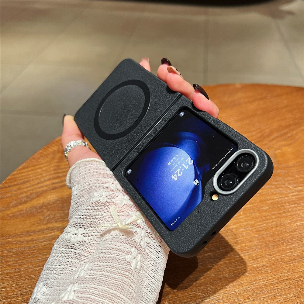 For Samsung Galaxy Z Flip7 FE 5G / Z Flip6 5G Phone Cases Leather Texture TPU Back Cover Support Wireless Charging - Black