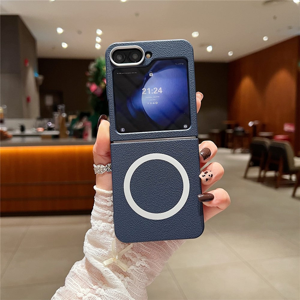 For Samsung Galaxy Z Flip7 FE 5G / Z Flip6 5G Phone Cases Leather Texture TPU Back Cover Support Wireless Charging - Blue