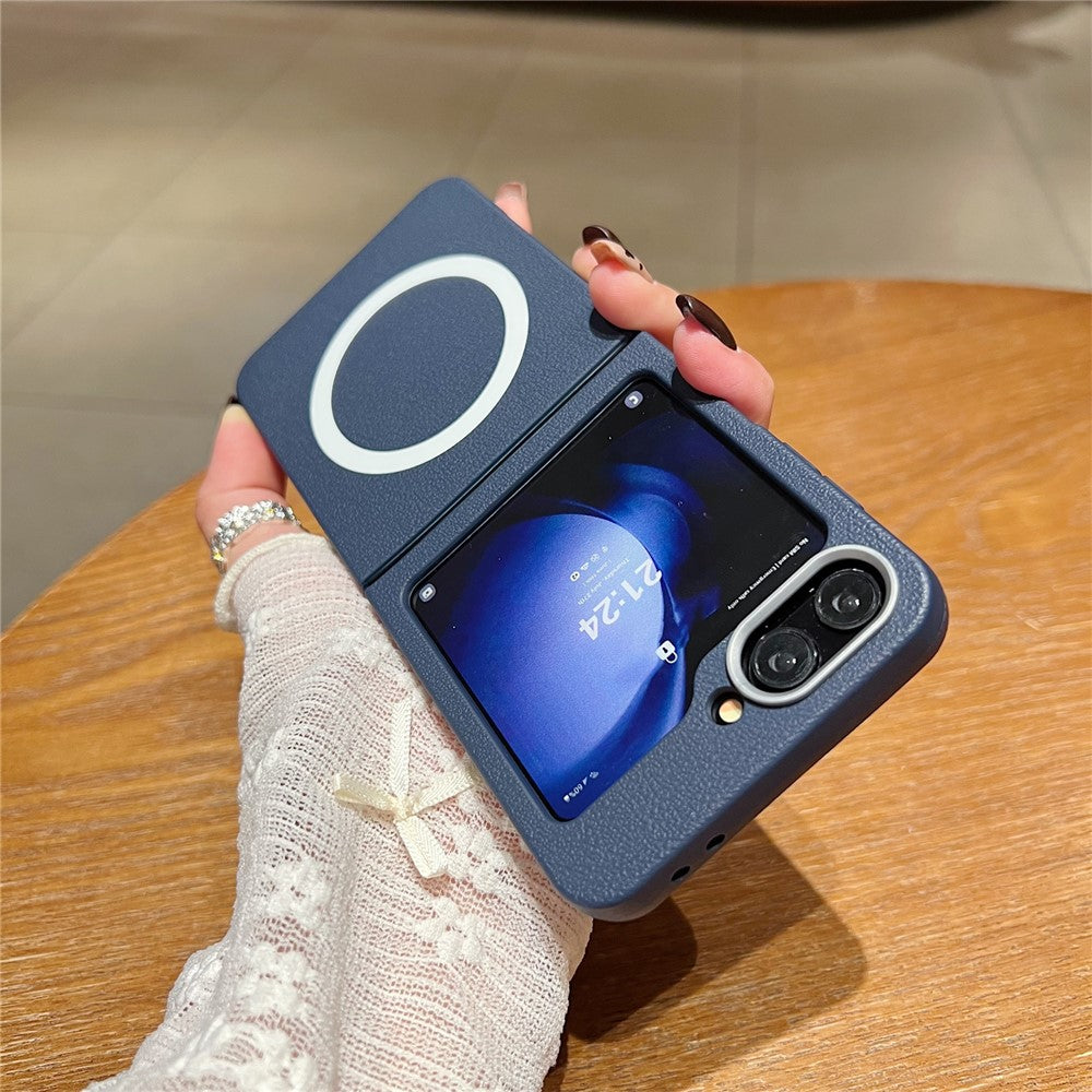 For Samsung Galaxy Z Flip7 FE 5G / Z Flip6 5G Phone Cases Leather Texture TPU Back Cover Support Wireless Charging - Blue