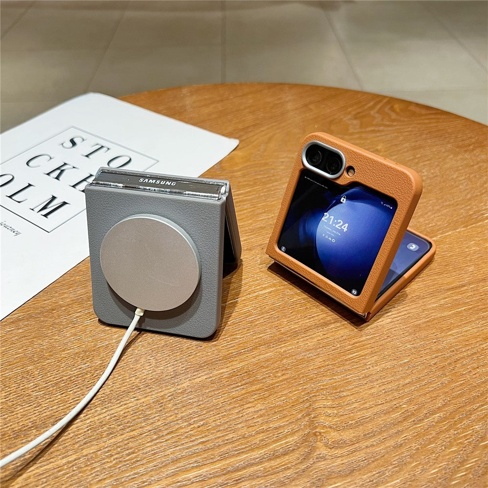 For Samsung Galaxy Z Flip7 FE 5G / Z Flip6 5G Phone Cases Leather Texture TPU Back Cover Support Wireless Charging - Blue