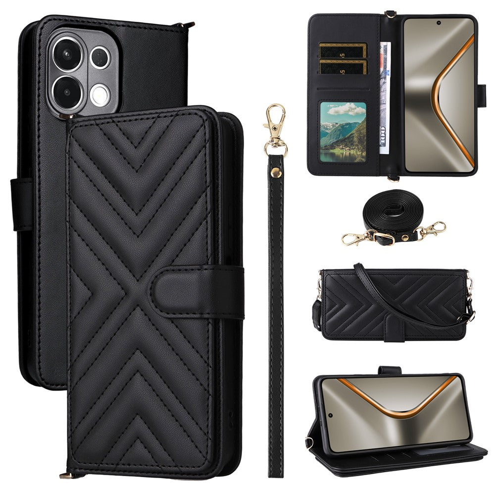 For Oppo K13 5G / K13x / K12s Case with Shoulder / Wrist Strap Leather Phone Cover Stand Wallet - Black