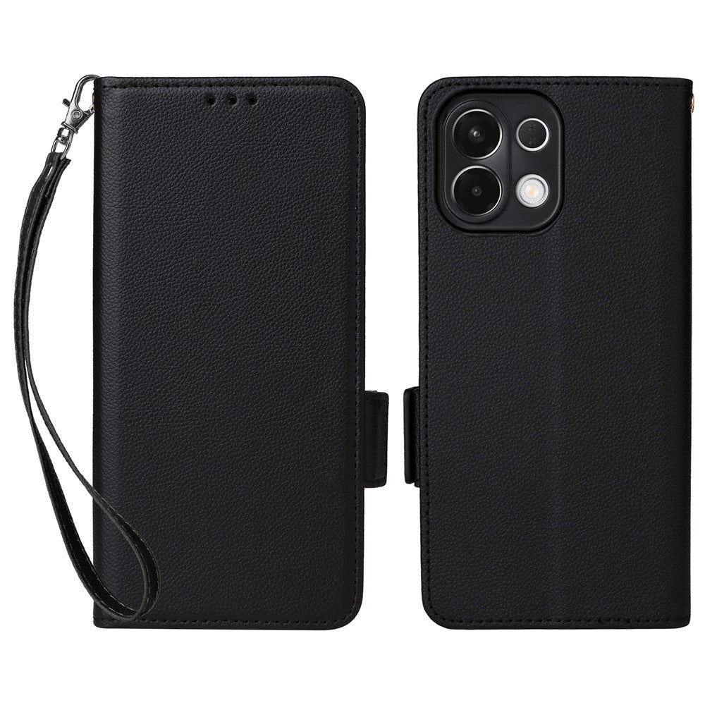 For Oppo K13 5G / K13x / K12s Case with Wrist Strap Litchi Texture PU Leather Wallet Phone Cover - Black