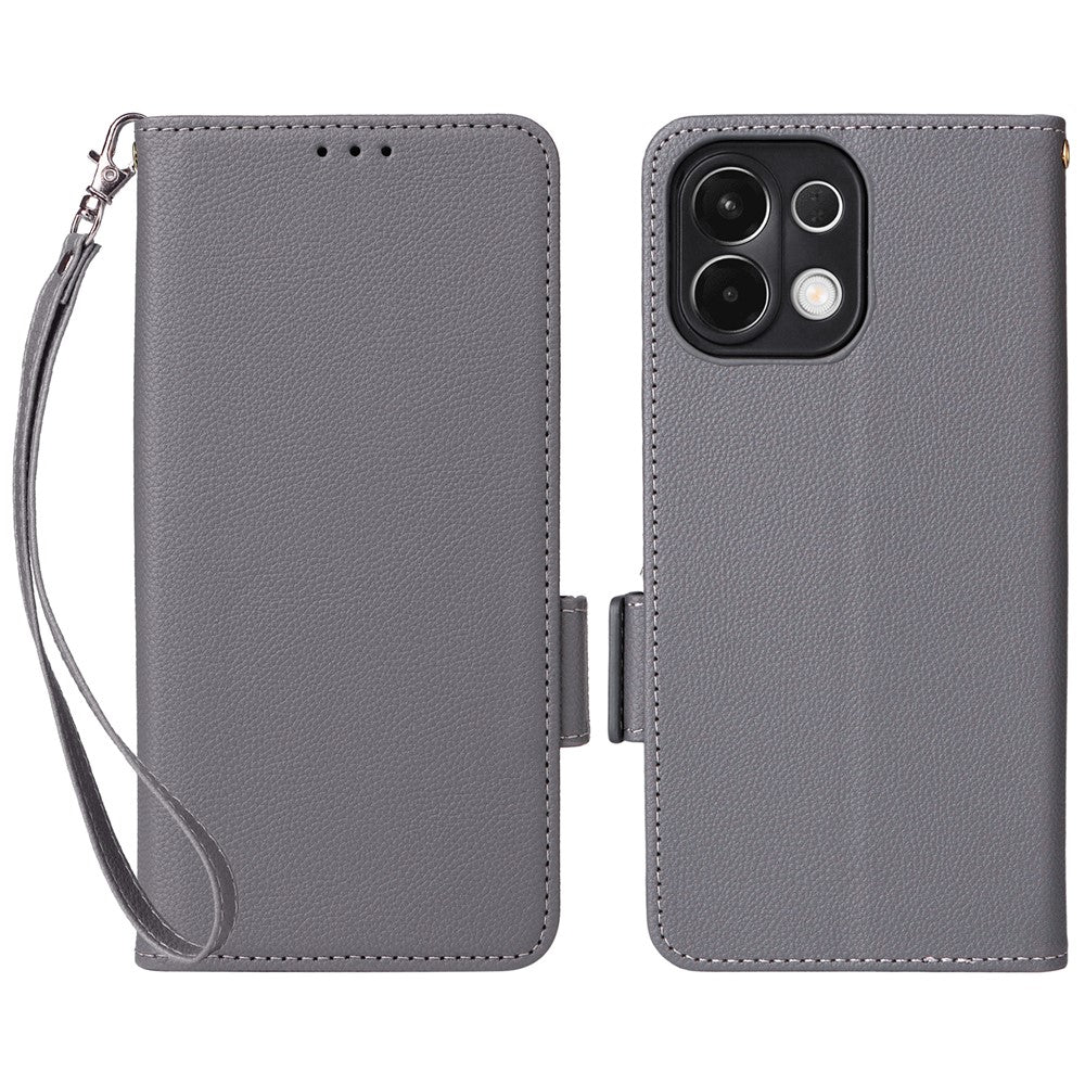 For Oppo K13 5G / K13x / K12s Case with Wrist Strap Litchi Texture PU Leather Wallet Phone Cover - Grey