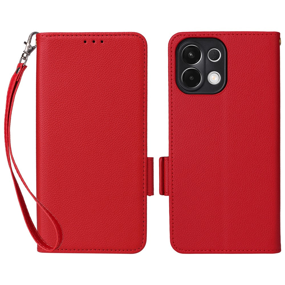 For Oppo K13 5G / K13x / K12s Case with Wrist Strap Litchi Texture PU Leather Wallet Phone Cover - Red