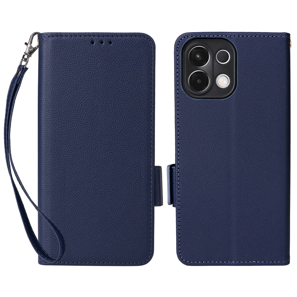 For Oppo K13 5G / K13x / K12s Case with Wrist Strap Litchi Texture PU Leather Wallet Phone Cover - Dark Blue