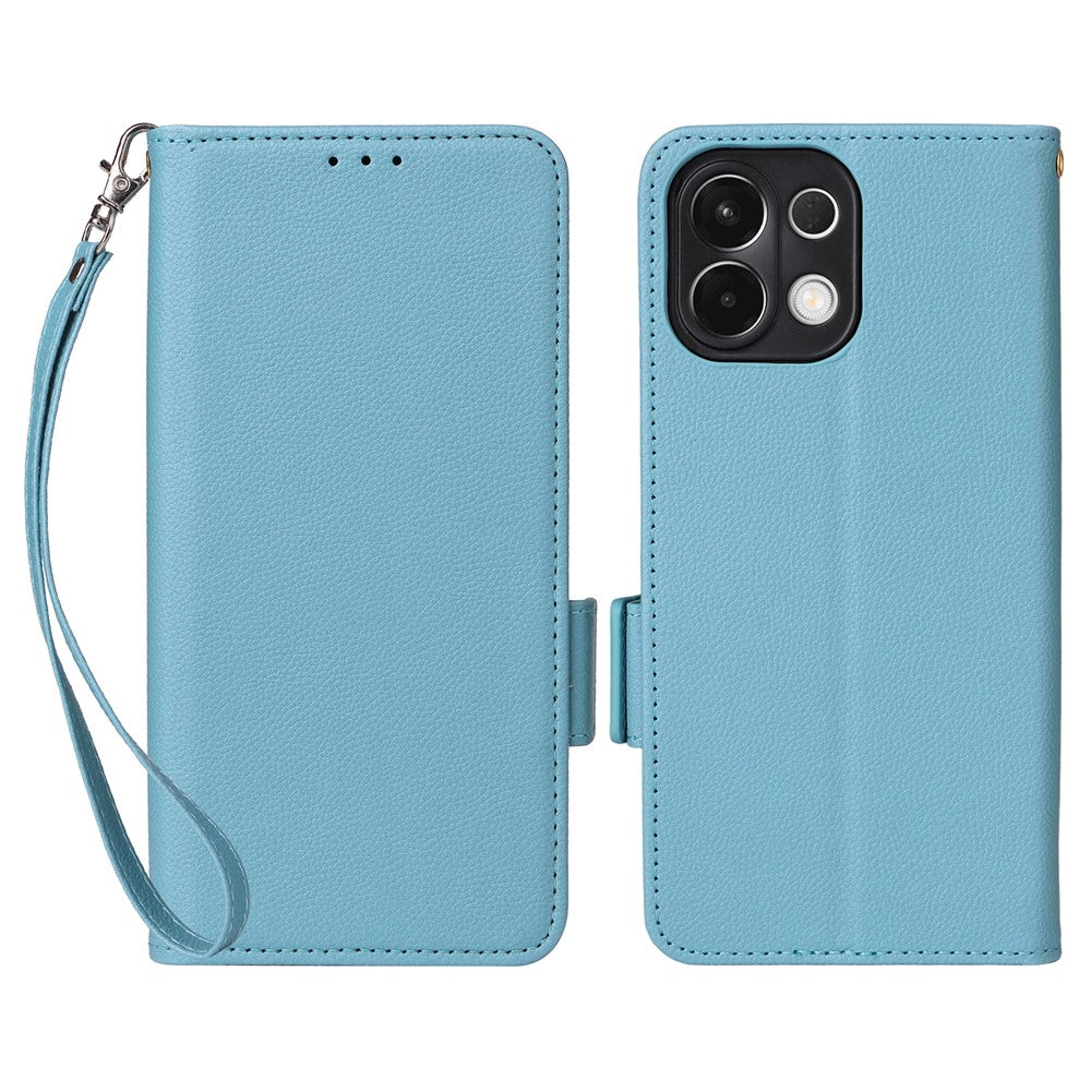 For Oppo K13 5G / K13x / K12s Case with Wrist Strap Litchi Texture PU Leather Wallet Phone Cover - Baby Blue