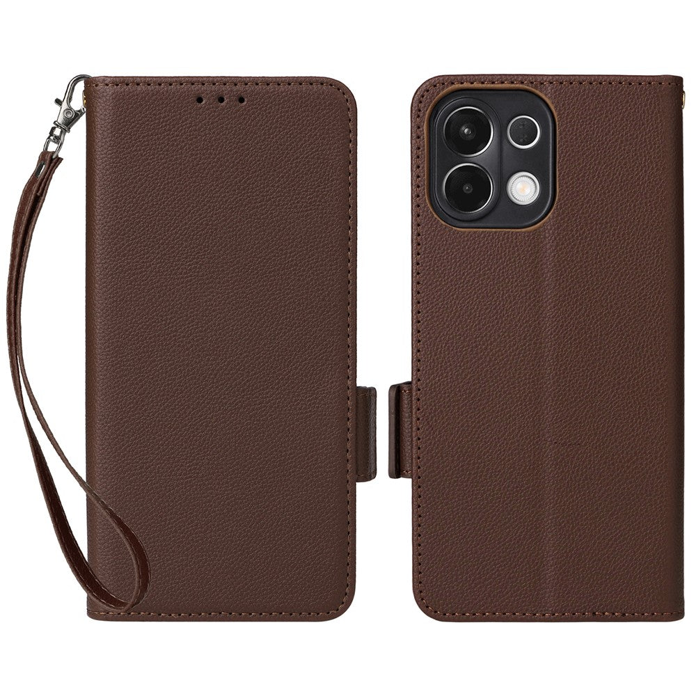 For Oppo K13 5G / K13x / K12s Case with Wrist Strap Litchi Texture PU Leather Wallet Phone Cover - Brown