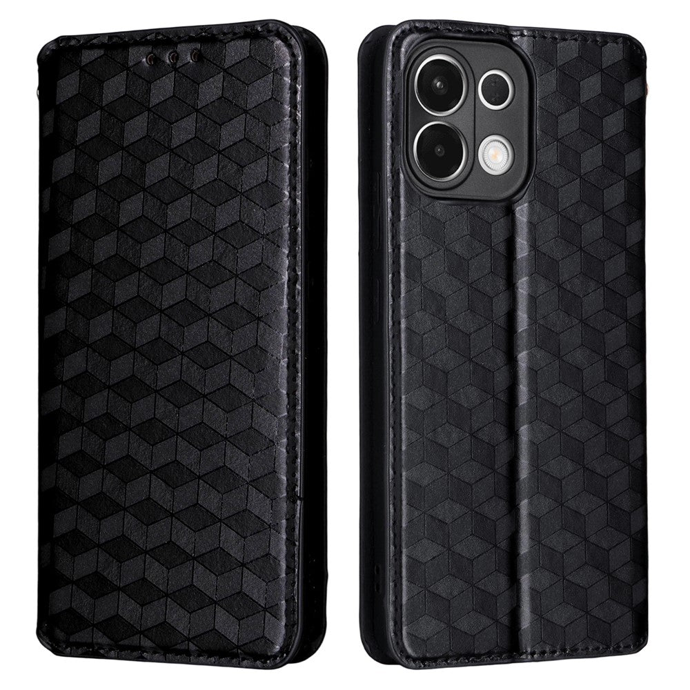 For Oppo K13 5G / K13x / K12s Case Wallet Rhombus Imprinted Leather Phone Cover - Black