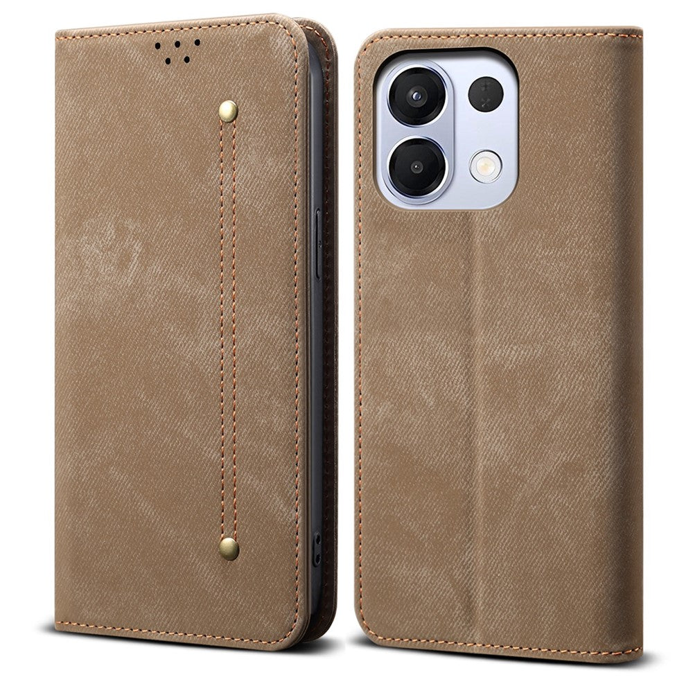 For Oppo K13 5G / K12s Case Jeans Cloth Texture Anti-Scratch Leather Stand Phone Cover - Khaki