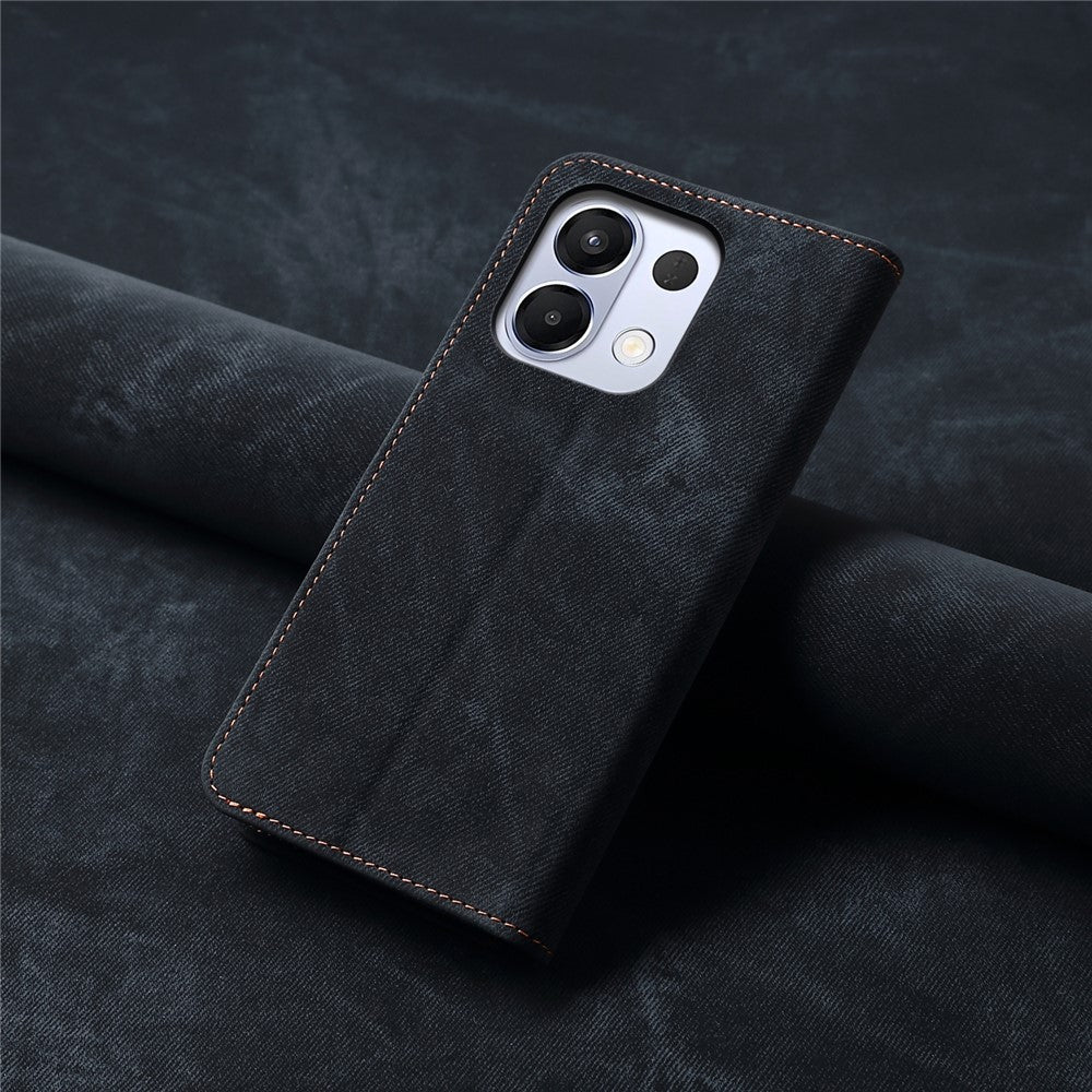 For Oppo K13 5G / K12s Case Jeans Cloth Texture Anti-Scratch Leather Stand Phone Cover - Black