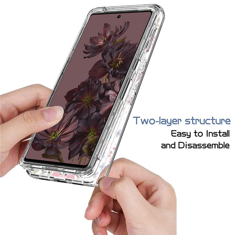For Google Pixel 7 Pro 5G Stylish Pattern Printing Clear Phone Anti-drop Case 2-in-1 PC Frame + TPU Shockproof Cover - Flower and Leaf