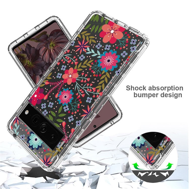 For Google Pixel 7 Pro 5G Stylish Pattern Printing Clear Phone Anti-drop Case 2-in-1 PC Frame + TPU Shockproof Cover - Flower and Leaf