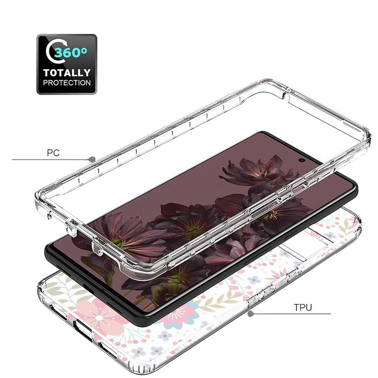 For Google Pixel 7 Pro 5G Stylish Pattern Printing Clear Phone Anti-drop Case 2-in-1 PC Frame + TPU Shockproof Cover - Flower and Leaf
