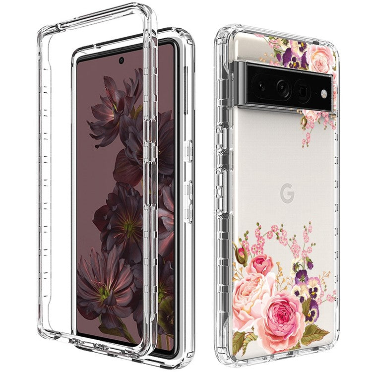 For Google Pixel 7 Pro 5G Stylish Pattern Printing Clear Phone Anti-drop Case 2-in-1 PC Frame + TPU Shockproof Cover - Rose Flower
