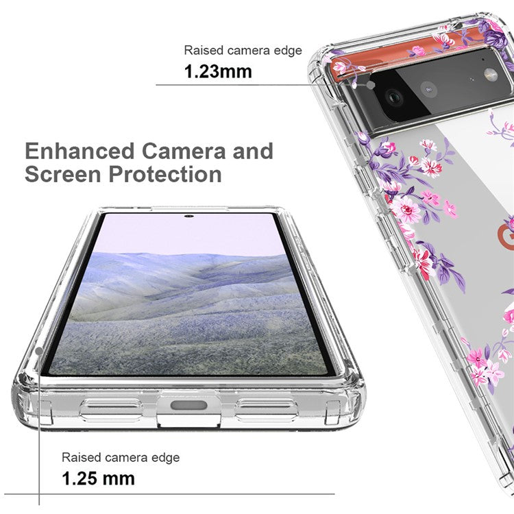 Clear Phone Case for Google Pixel 6 Pro 5G, Pattern Printing Anti-fall Hybrid PC + TPU Protective Cover - Flower