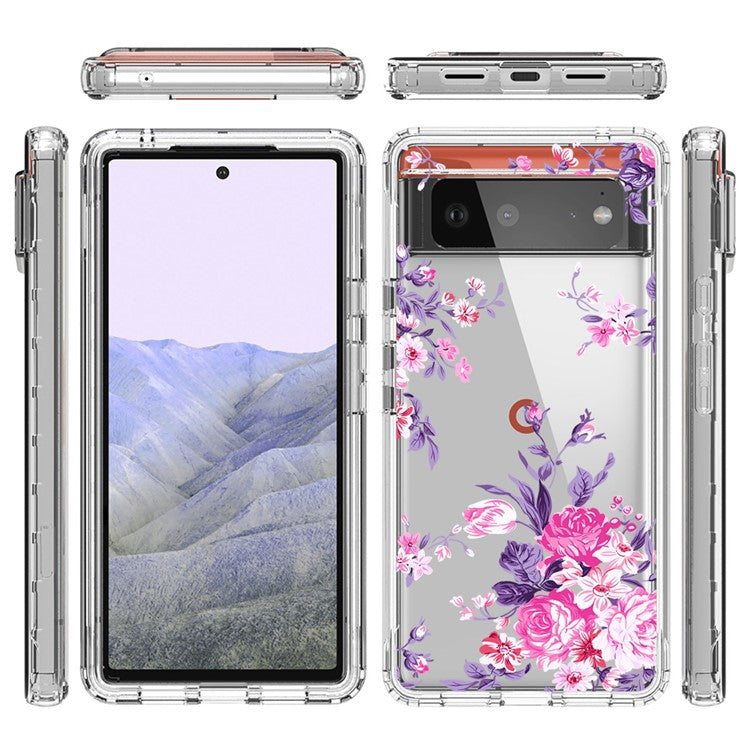 Clear Phone Case for Google Pixel 6 Pro 5G, Pattern Printing Anti-fall Hybrid PC + TPU Protective Cover - Flower