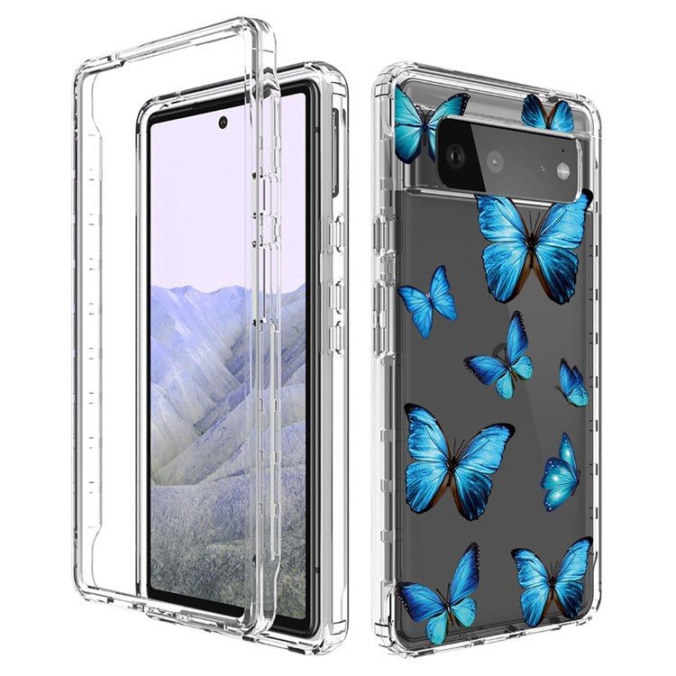 Clear Phone Case for Google Pixel 6 Pro 5G, Pattern Printing Anti-fall Hybrid PC + TPU Protective Cover - Blue Butterfly