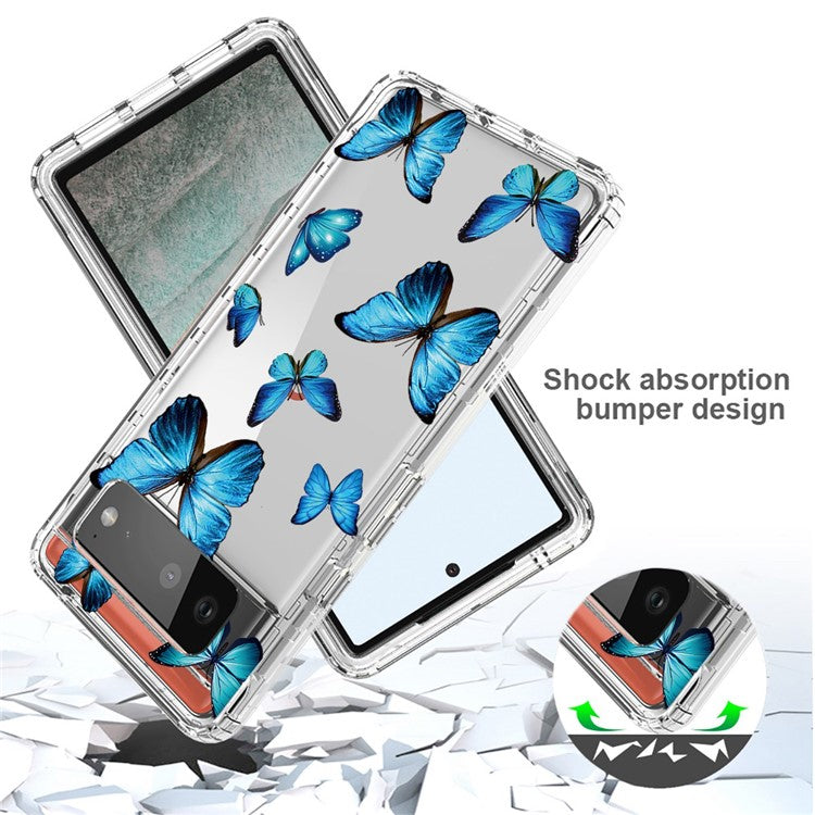 Clear Phone Case for Google Pixel 6 Pro 5G, Pattern Printing Anti-fall Hybrid PC + TPU Protective Cover - Blue Butterfly