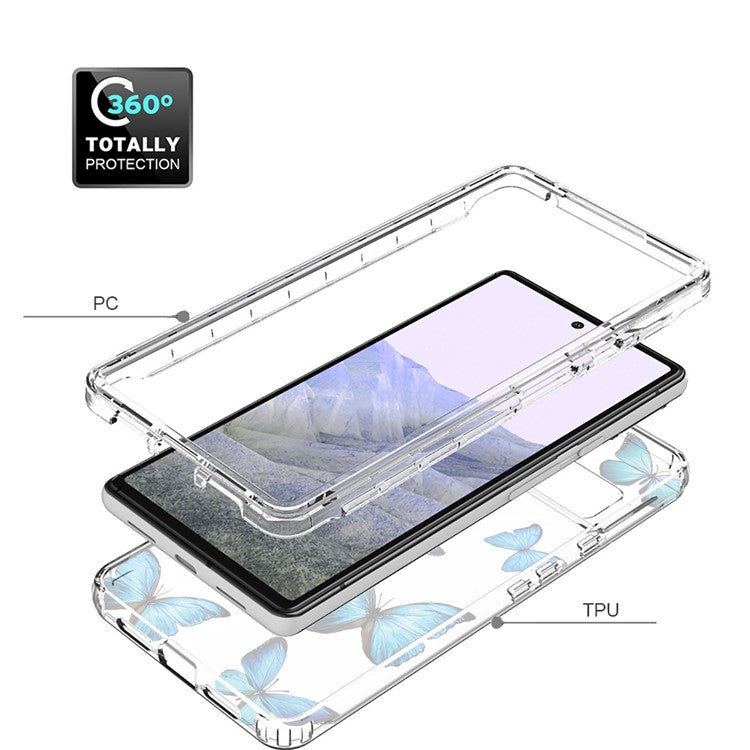 Clear Phone Case for Google Pixel 6 Pro 5G, Pattern Printing Anti-fall Hybrid PC + TPU Protective Cover - Blue Butterfly