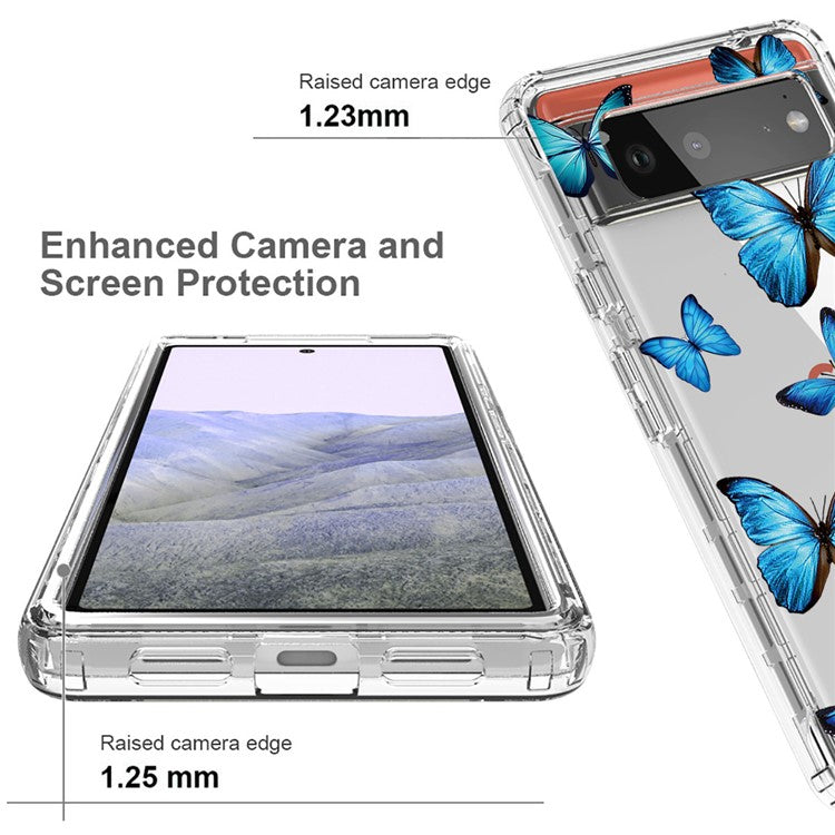 Clear Phone Case for Google Pixel 6 Pro 5G, Pattern Printing Anti-fall Hybrid PC + TPU Protective Cover - Blue Butterfly