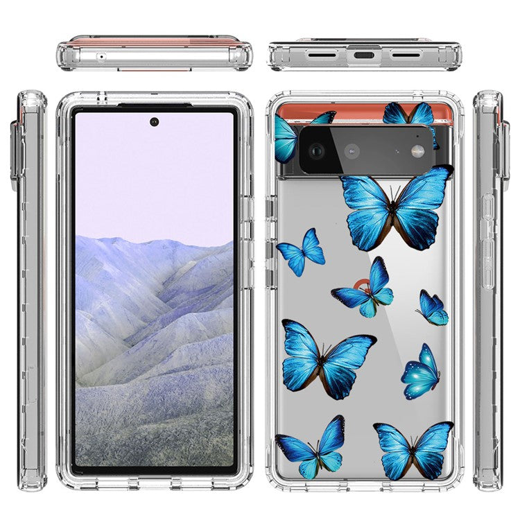 Clear Phone Case for Google Pixel 6 Pro 5G, Pattern Printing Anti-fall Hybrid PC + TPU Protective Cover - Blue Butterfly