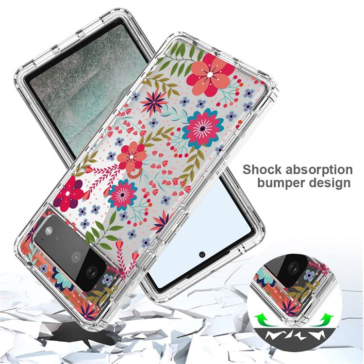 Clear Phone Case for Google Pixel 6 Pro 5G, Pattern Printing Anti-fall Hybrid PC + TPU Protective Cover - Flower and Leaf