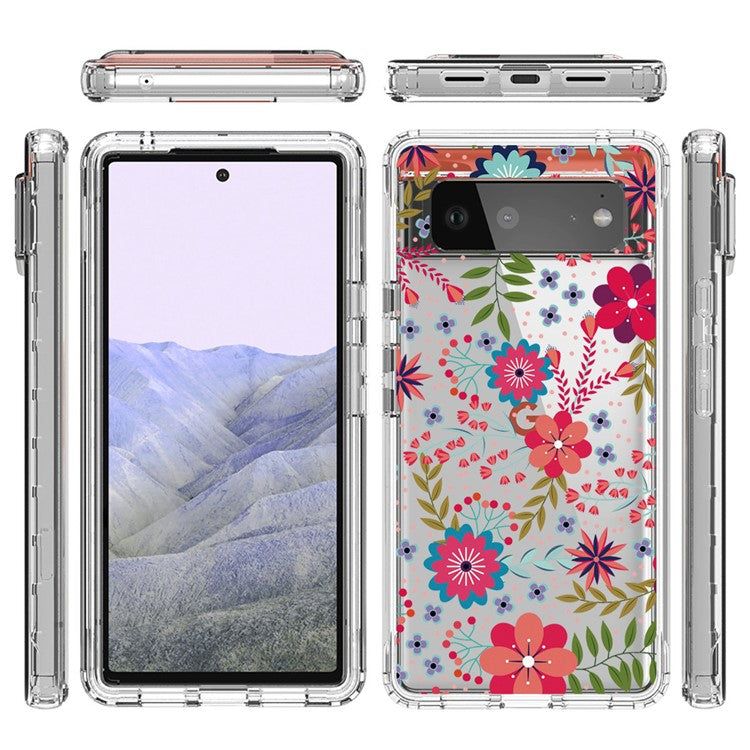 Clear Phone Case for Google Pixel 6 Pro 5G, Pattern Printing Anti-fall Hybrid PC + TPU Protective Cover - Flower and Leaf