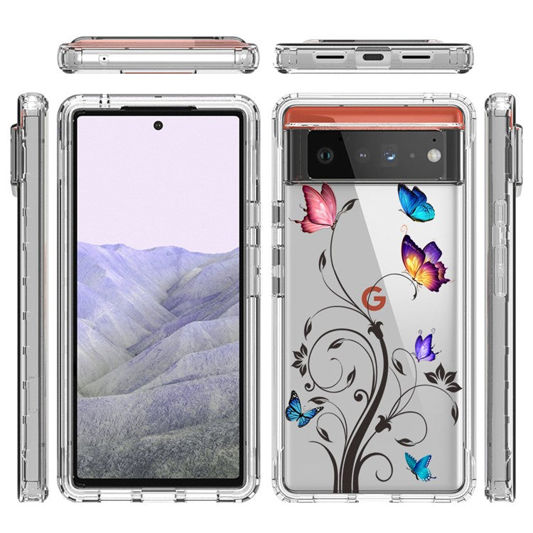 Clear Phone Case for Google Pixel 6 Pro 5G, Pattern Printing Anti-fall Hybrid PC + TPU Protective Cover - Tree and Butterfly